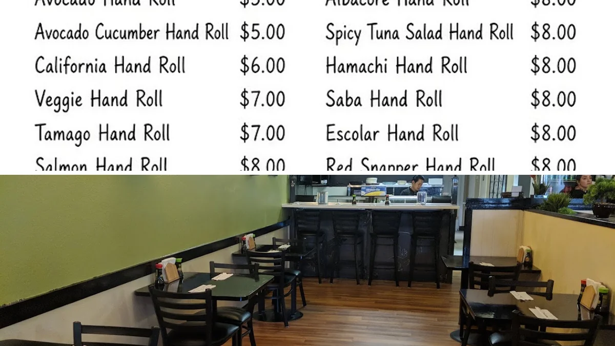 Sushi rolls arranged on a restaurant table.