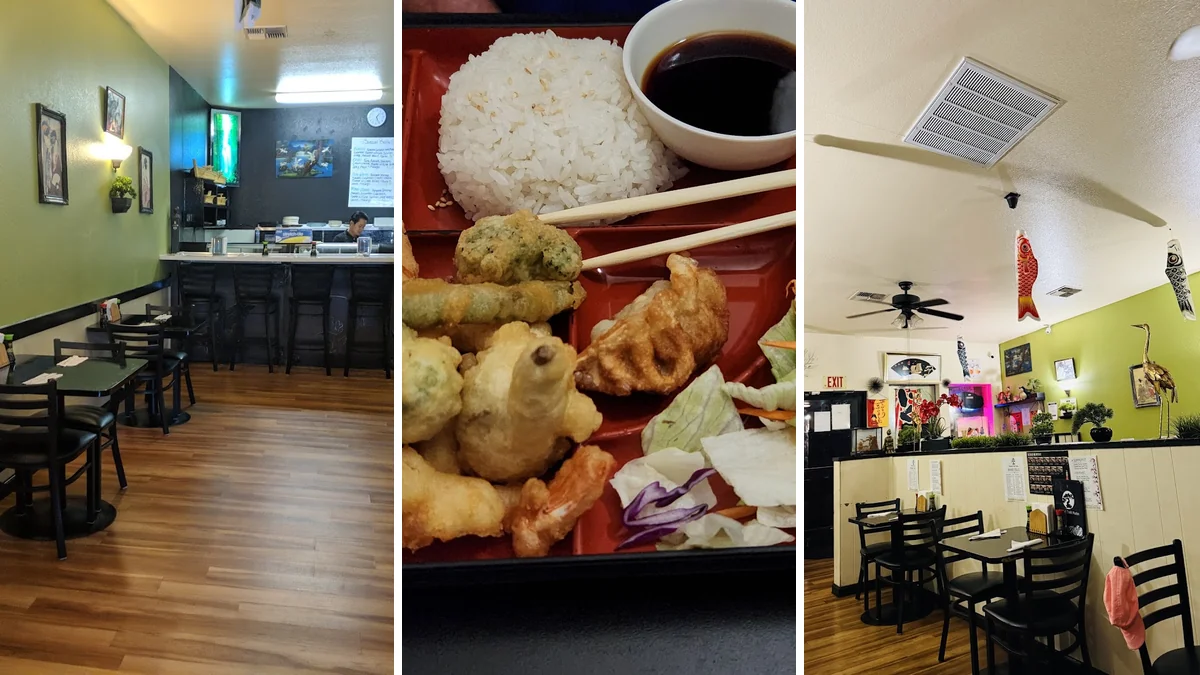 Small plates served beside tea and chopsticks.