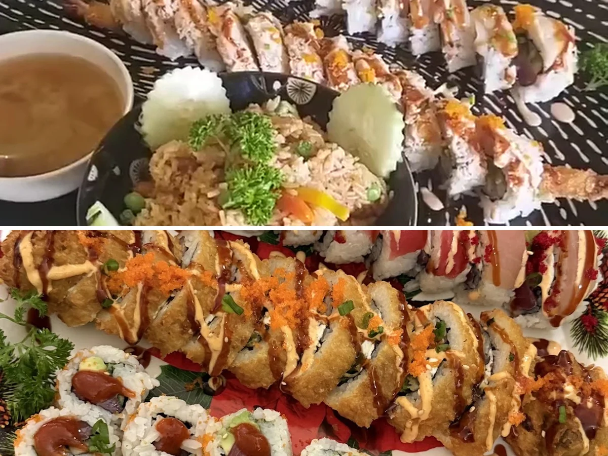 Sushi rolls arranged on a restaurant table.